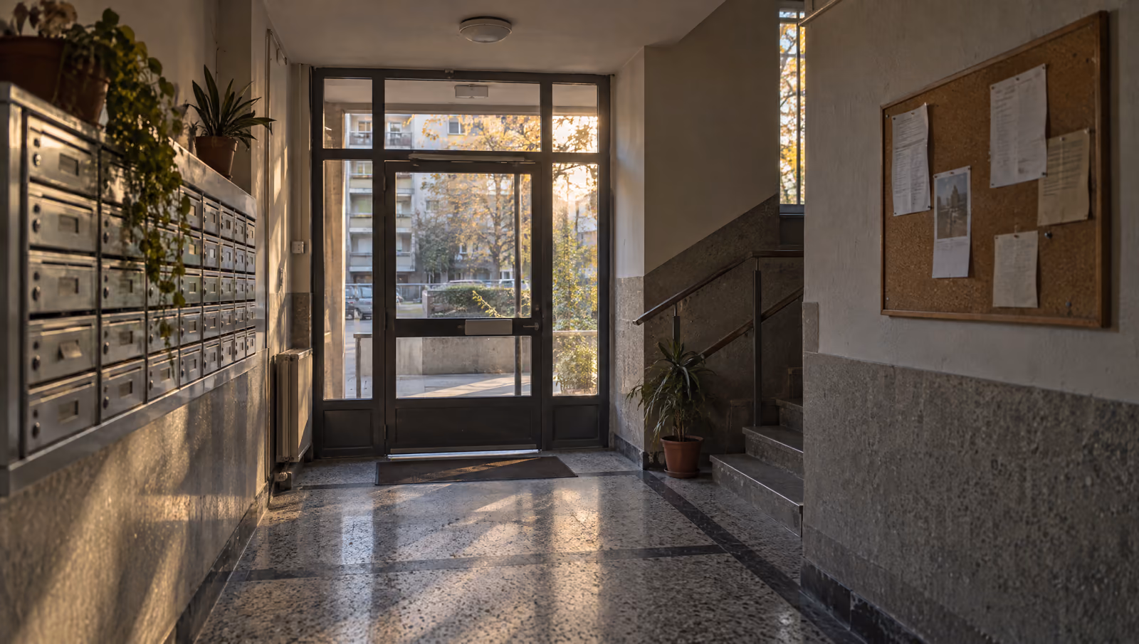 Ulaz stambene zgrade sa poštanskim sandučićima, oglasnom tablom i staklenim ulaznim vratima u popodnevnom svetlu.