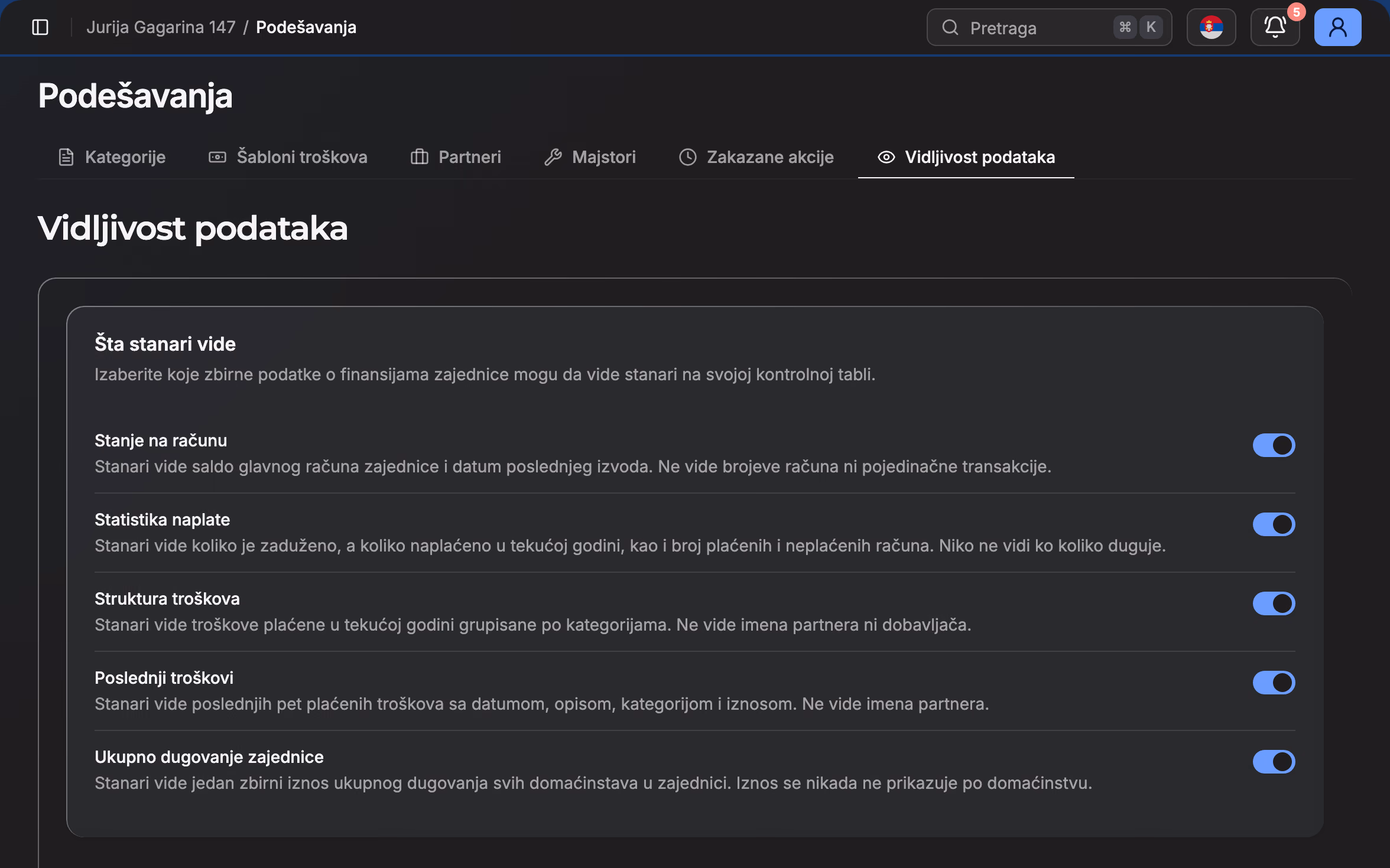 Podešavanja vidljivosti podataka za stanare u aplikaciji esz.rs, primer podataka