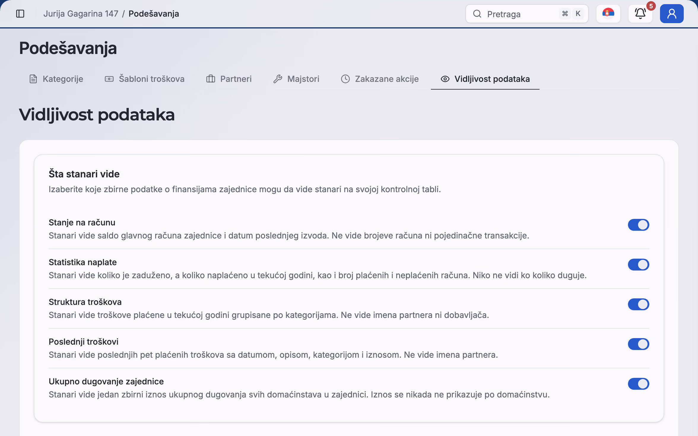 Podešavanja vidljivosti podataka za stanare u aplikaciji esz.rs, primer podataka